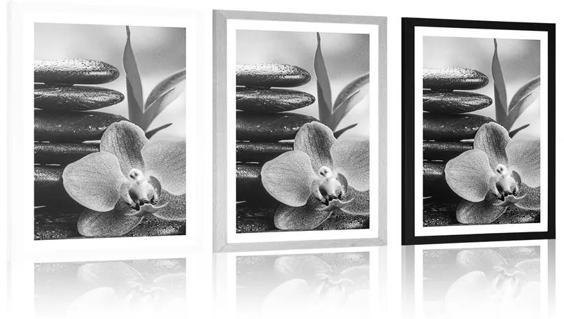 Plagát s paspartou meditačná Zen kompozícia v čiernobielom prevedení - 30x45 silver