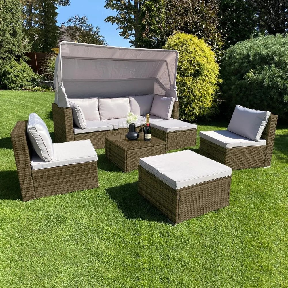 Ratanový sofa set so skladacou strieškou BELVEDERE - Hnedá / Sivá