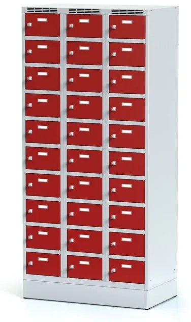 Alfa 3 Šatníková skrinka na sokli s úložnými boxami, 30 boxov, 1920 x 900 x 500 mm, cylindrický zámok, červené dvere