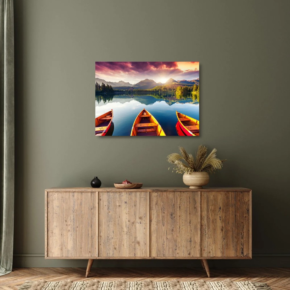 Sklenený obraz - Jazero s loďkami (70x50 cm)