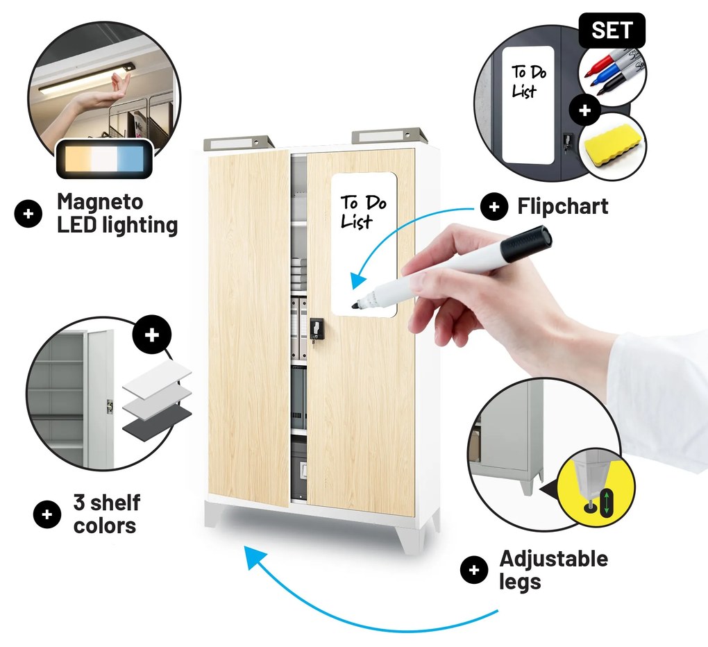 Kancelárska kovová skrinka na dokumenty JAN II, Eco Design: biela/dub sonoma