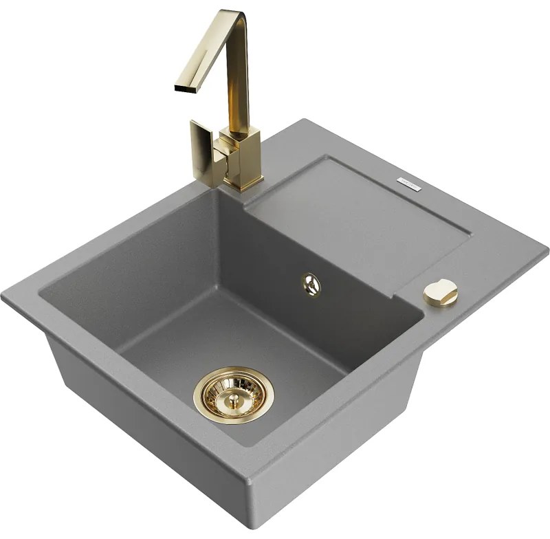 Mexen Enzo, granitový drez 576x465x174 mm, 1-komorový a zlatá batéria Rita, šedá, 6506-71-670300-50