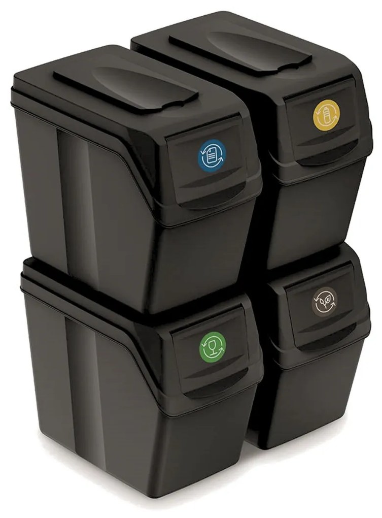 Odpadkové koše na triedený odpad, 4ks x 20l SORTIBOX SLIM - čierne