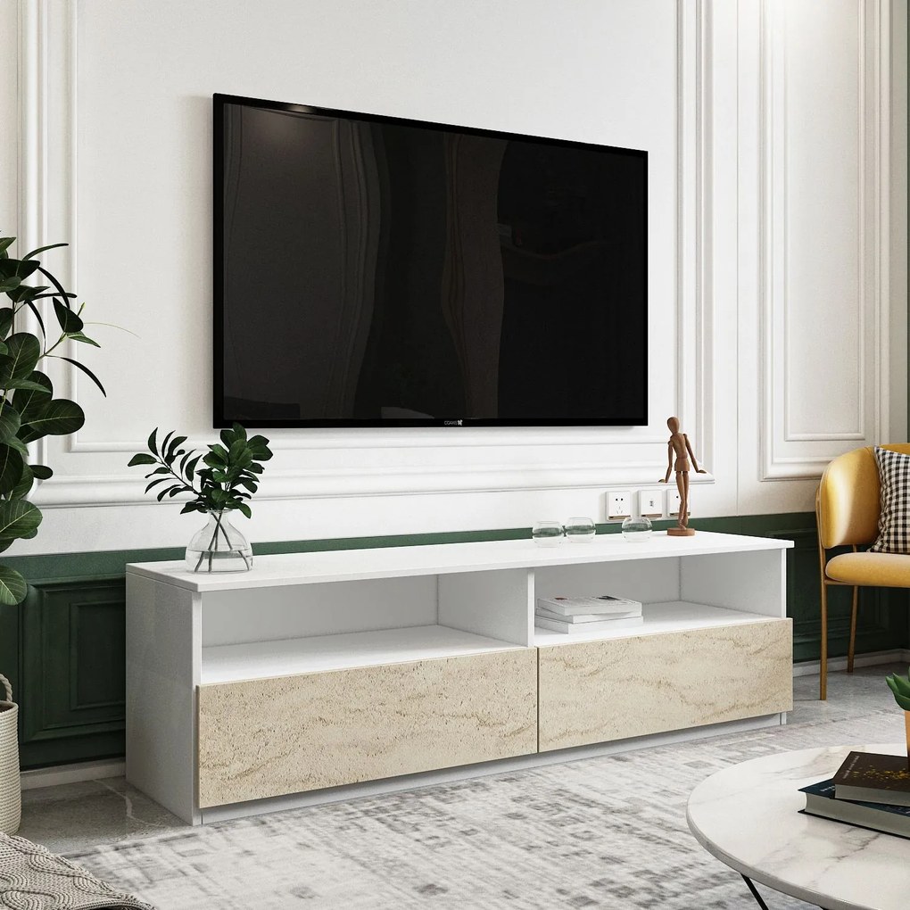 TV stolík/skrinka Naturalia T (biela + travertín). Akcia -18%. Vlastná spoľahlivá doprava až k Vám domov. 1127708