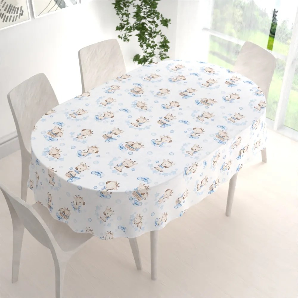 Biante Detský bavlnený oválny obrus Sandra SA-443 Modré žirafy na bielom 50x100 cm