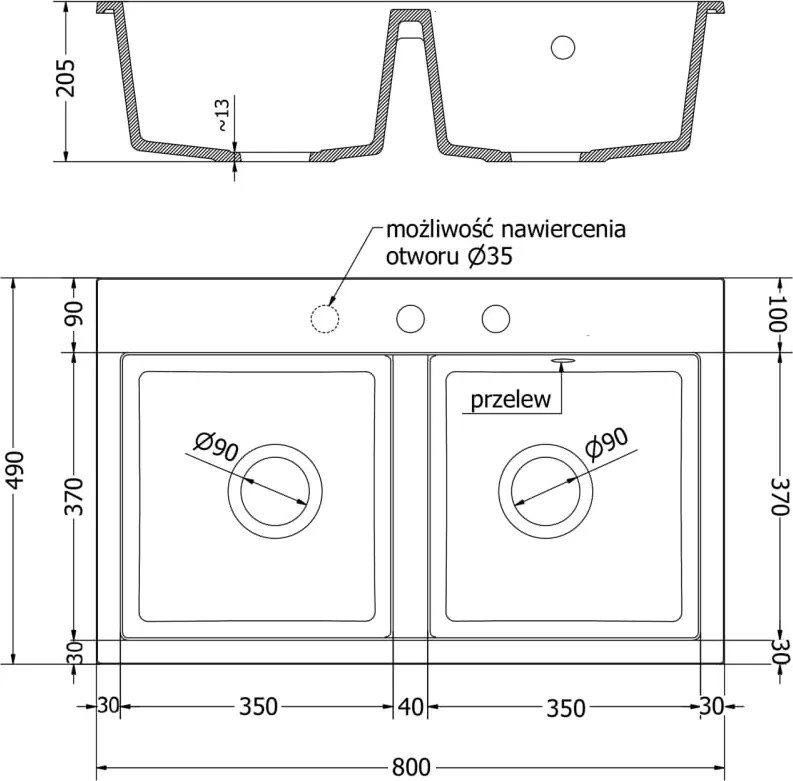 Mexen Hektor dvojkomorový granitový drez 800 x 480 mm, čierny s fľakmi, chrómový sifón - 6521802000-76