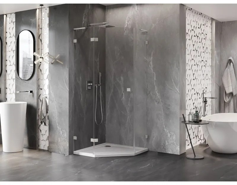 Mexen Lunar, L päťuholníkový sprchový kút naklápací doľava 100x100 cm, 8mm číre sklo, oceľový profil, 831L-100L-100P-97-00-L