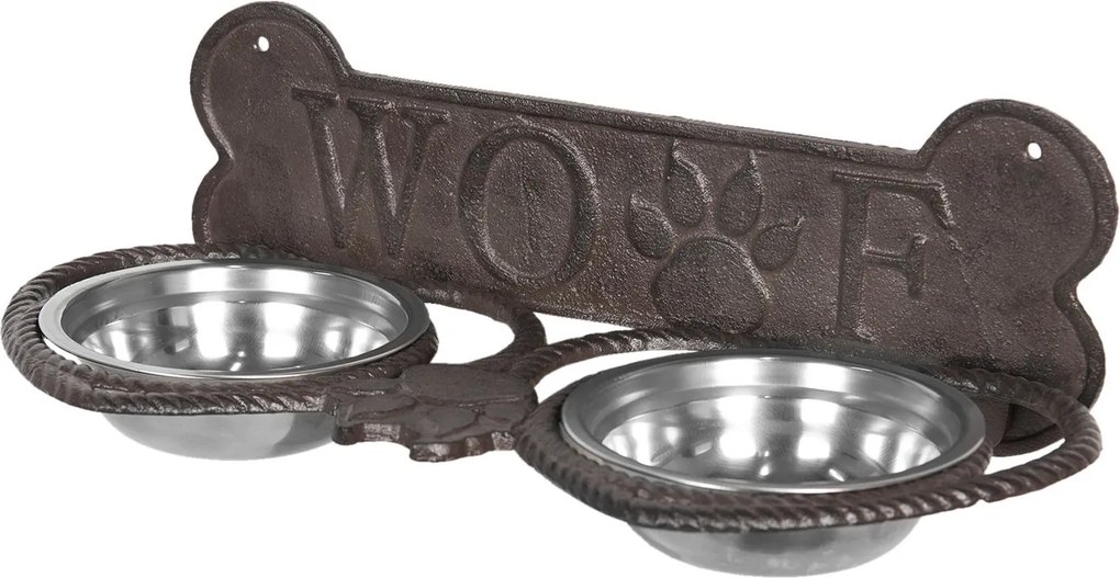 Misky pre psa v stojane s kosťou a nápisom Woof - 39*18*12 cm