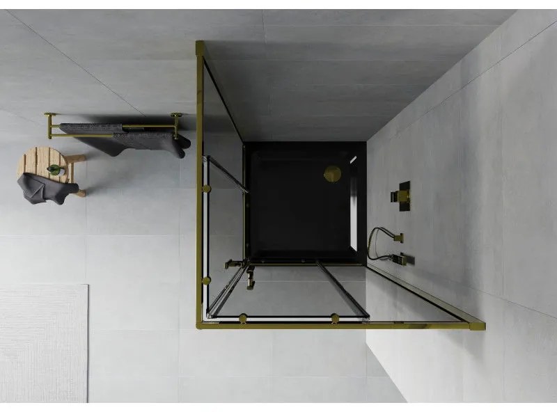 Mexen Rio, štvorcový sprchovací kút s posuvnými dverami 70(dvere) x 70(dvere) x 190 cm, 6mm šedé sklo, zlatý profil + čierna sprchová vanička SLIM, 860-070-070-50-40-4070G