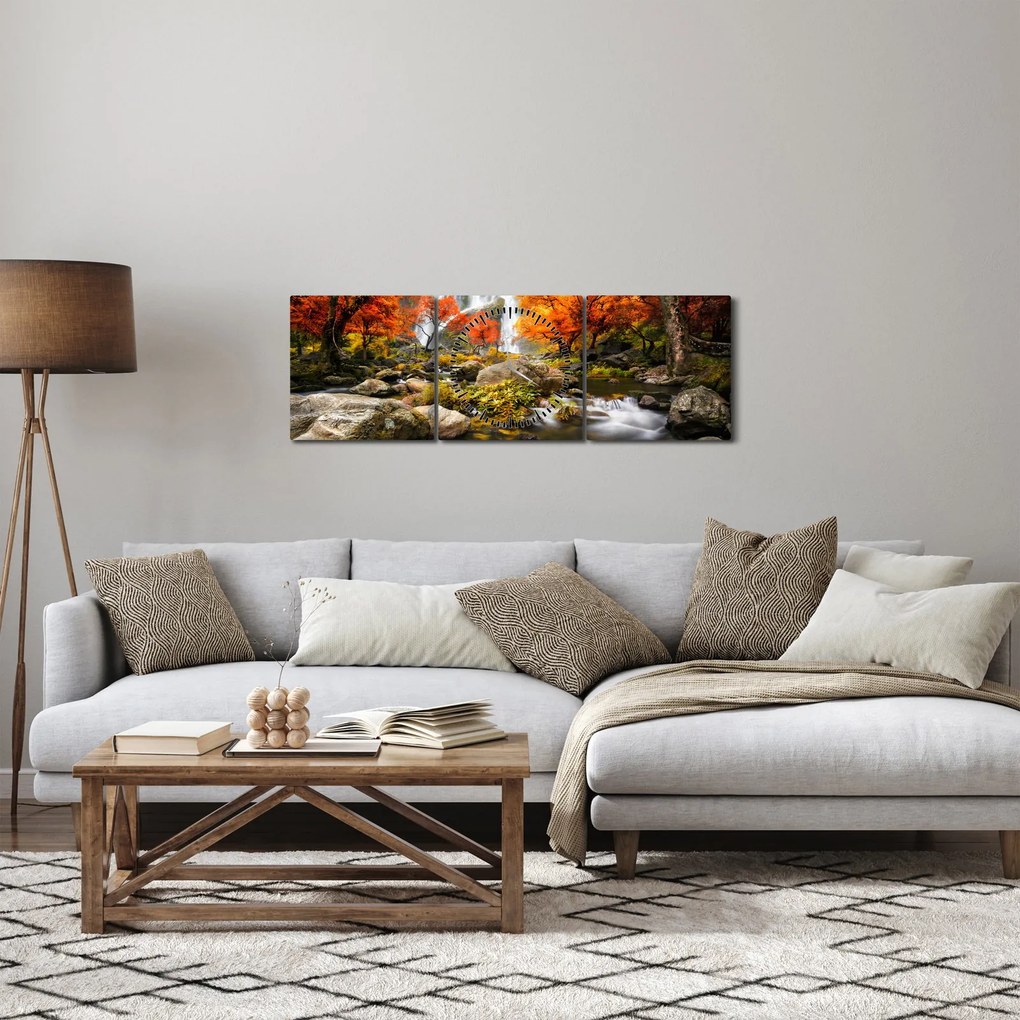 Obraz - Vodopády v jesennej krajine, oranžový (s hodinami) (90x30 cm)