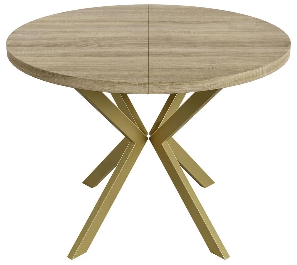 Okrúhly rozkladací jedálensky stôl MARION 100/120 - 176/196 cm zlatý remeselný dub + zlatá  podnož Rozmer stola: 120 cm