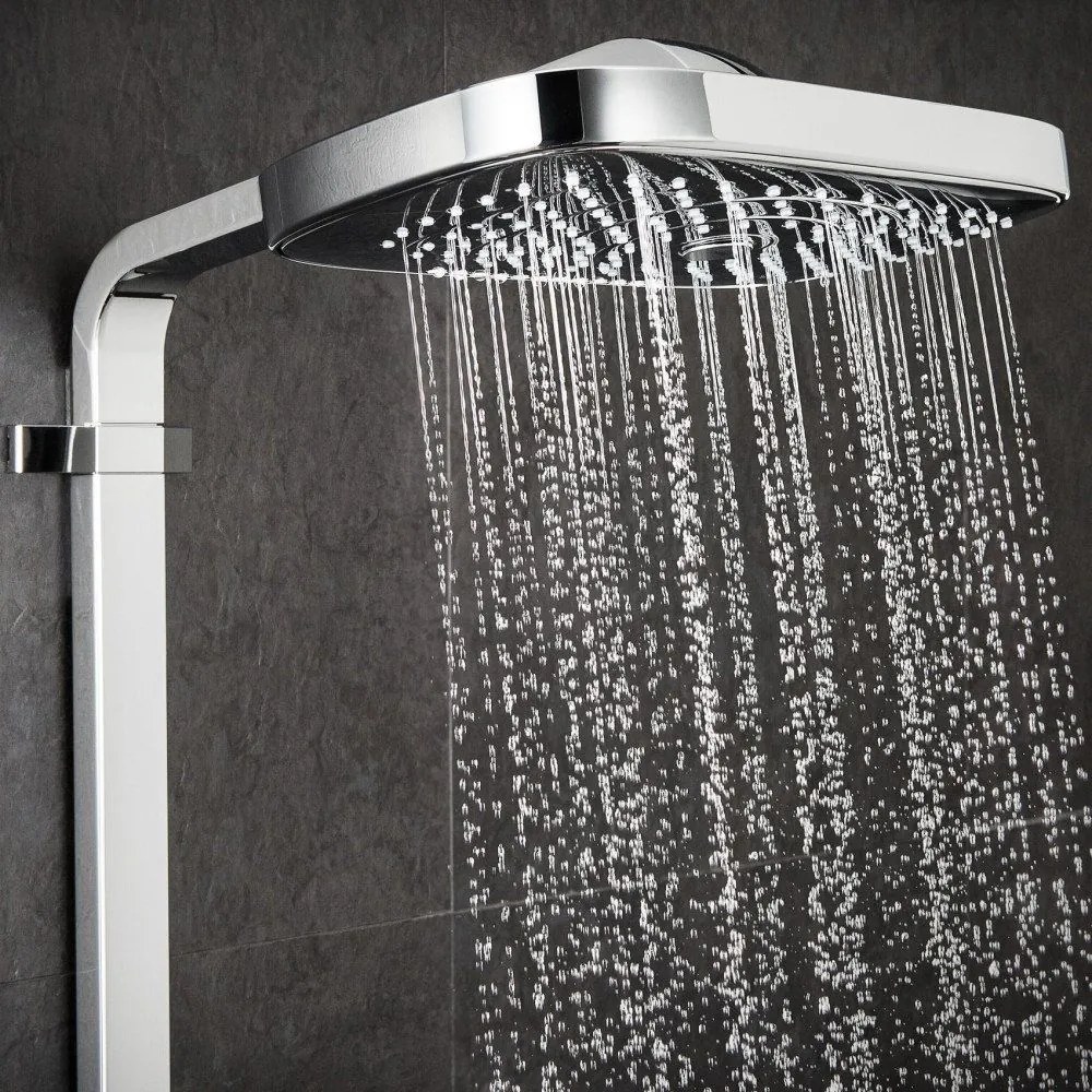 HANSGROHE Raindance Select E Showerpipe nástenný sprchový systém s termostatom ShowerTablet Select 300, horná sprcha 3jet 318 x 190 mm, ručná sprcha 3jet, chróm, 27127000
