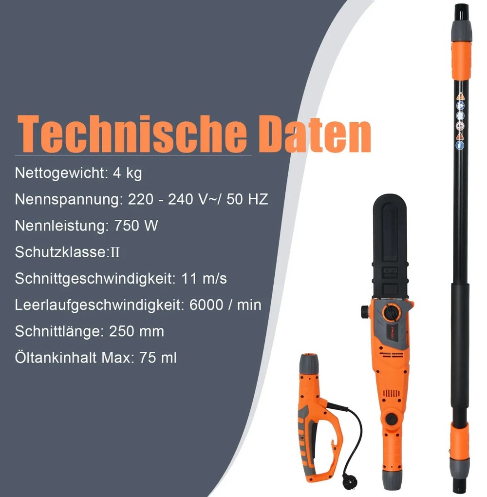 Elektrická tyčová píla 212-286 cm viacúčelová tyčová reťazová píla s pílovou hlavou oranžová