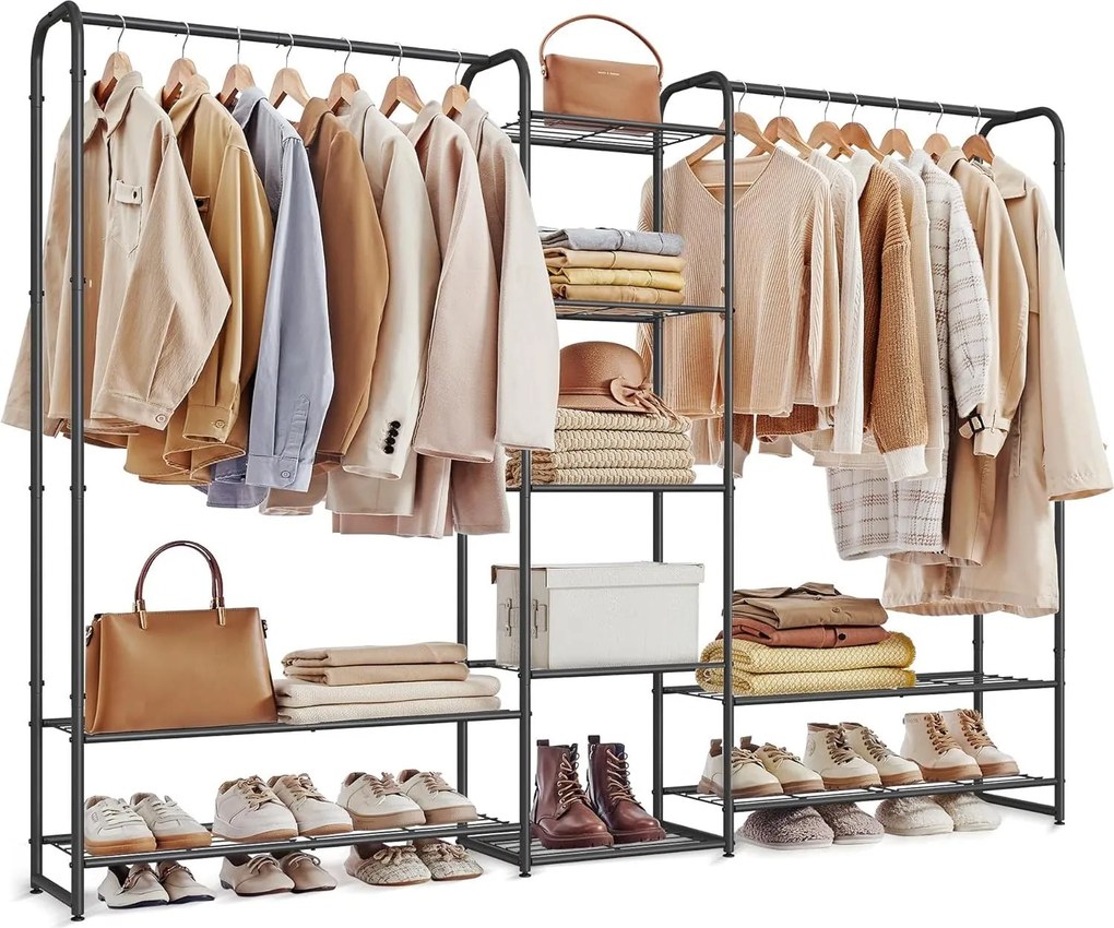 Kovový vešiak na oblečenie s tyčou a policami, matná čierna