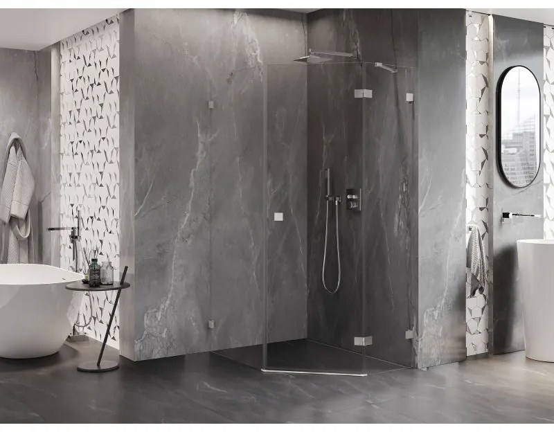 Mexen Lunar, pravý výklopný päťuholníkový sprchový kút 90 x 100 cm, 8mm číre sklo, oceľový profil, 831-090P-100L-97-00-P
