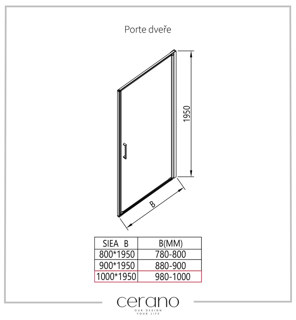 Cerano Porte, 1-krídlové sprchové dvere 100x195 cm, 8mm číre sklo, chrómový profil, CER-CER-413480