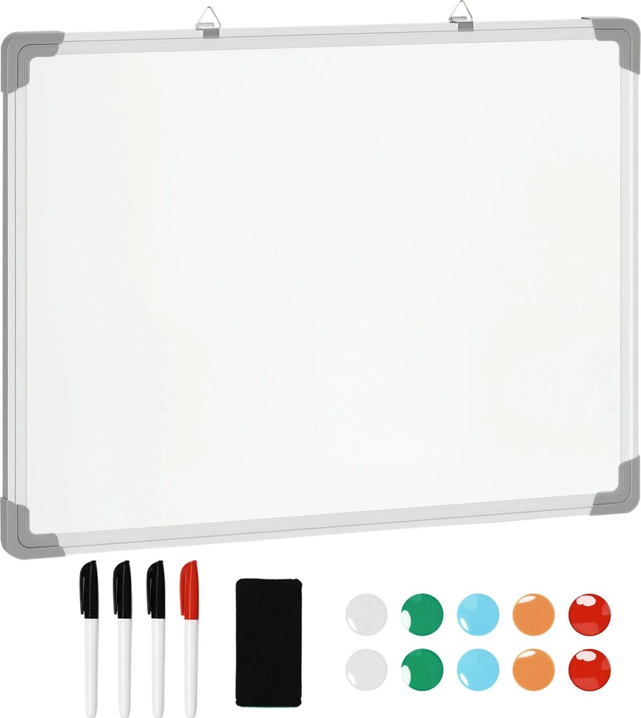 HOMCOM Magnetická biela tabuľa s 4 fixkami, 1 gumou, 10 magnetmi a stojanom na stenu, jednoduché utieranie, 60 x 1,8 x 45 cm | Aosom