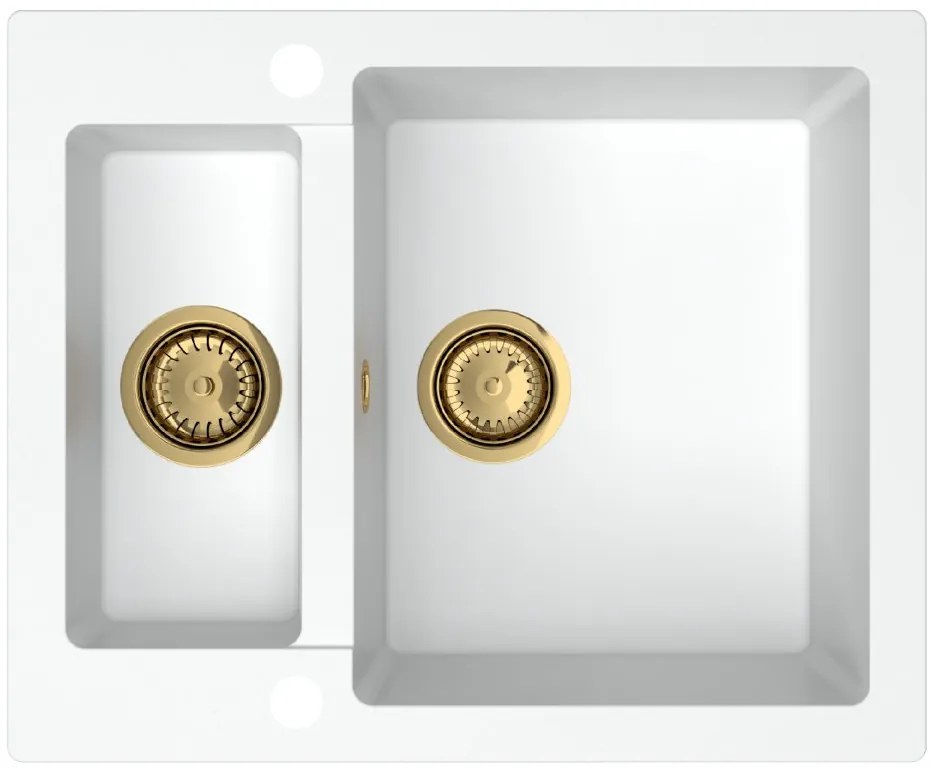 Sink Quality Ferrum, kuchynský granitový drez 605x495x210 mm + zlatý sifón, biela, SKQ-FER.W.5KBO.XG
