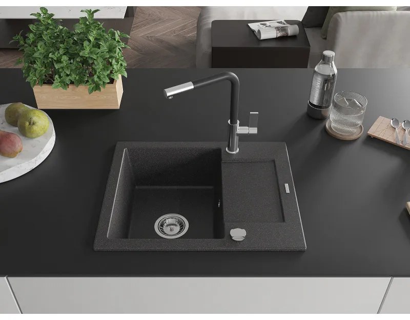 Mexen Enzo, 1-komorový granitový drez 576x465x174 mm a drezová batéria Flora, čierna škvrnitá, 6506-76-670401-07