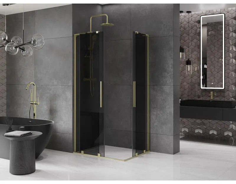 Mexen Velar L Duo, sprchový kút s posuvnými dverami 90 x 80 cm, 8mm šedé sklo, zlatá matná, 871-090-080-02-43-55