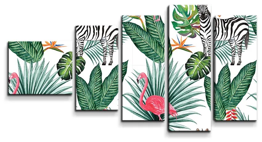 Sablio Obraz - 5-dílný Zebra a Plameniak - 100x60 cm