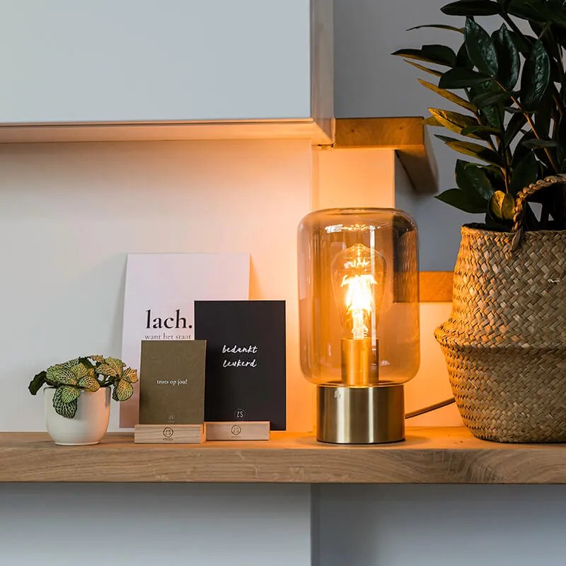 Dizajnová stolová lampa mosadz so sklom s dymovým efektom - Bliss Cute