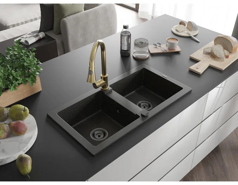 Mexen Mario, 2-komorový granitový drez 820x436x161 mm a drezová batéria Elia, čierna-zlatá metalíza, 6504-75-670101-50-B