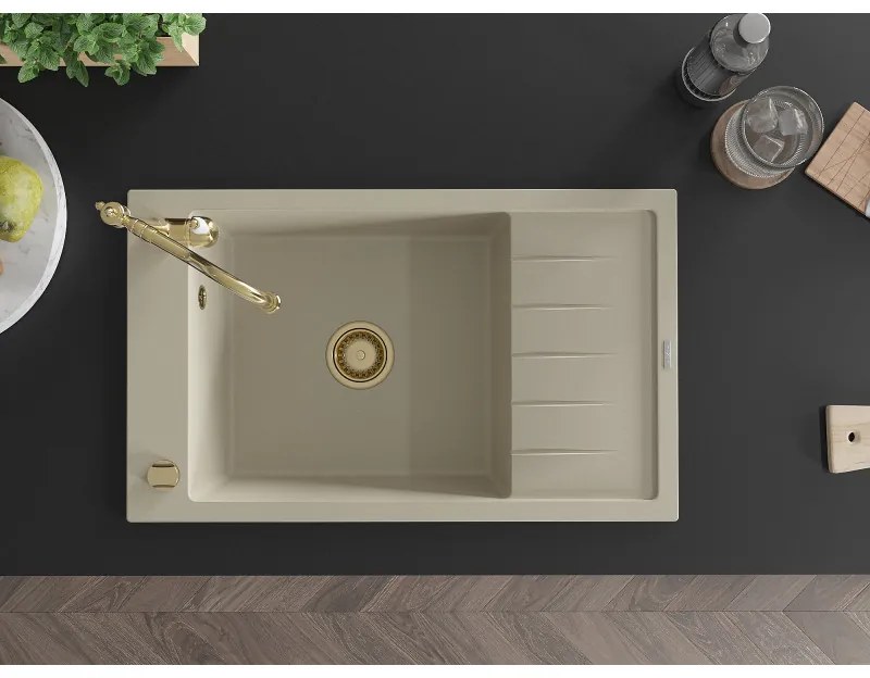 Mexen Elias, granitový drez 795x480x200 mm, 1-komorový a drezová batéria Carla, béžová, 6511-69-670700-50