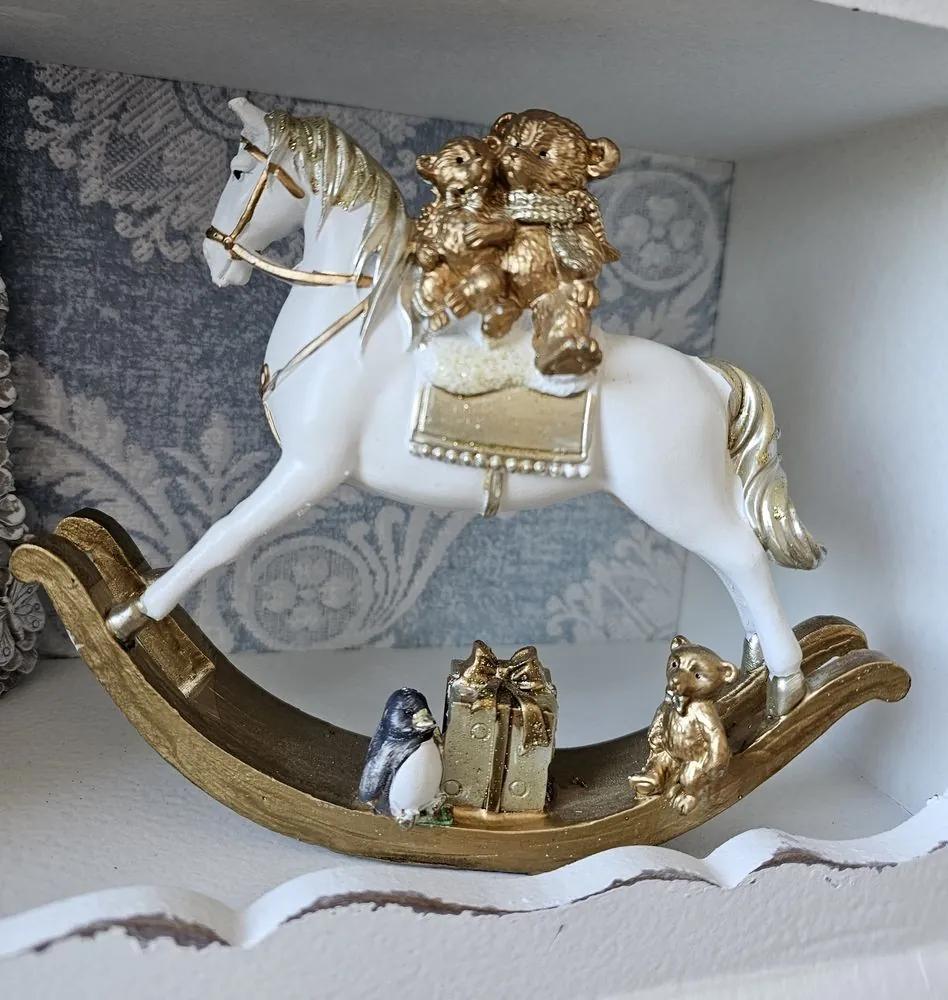 Bielo-zlatá dekorácia hojdací koník s medvedíkmi- 18*4*15 cm