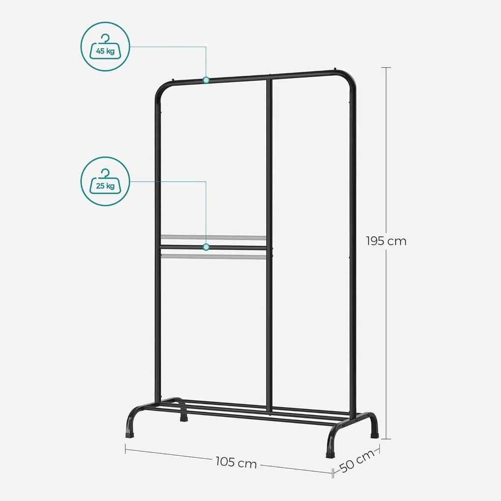 SONGMICS Stojan na šaty, nosnosť do 100 kg, s nastaviteľnou tyčou, čierny