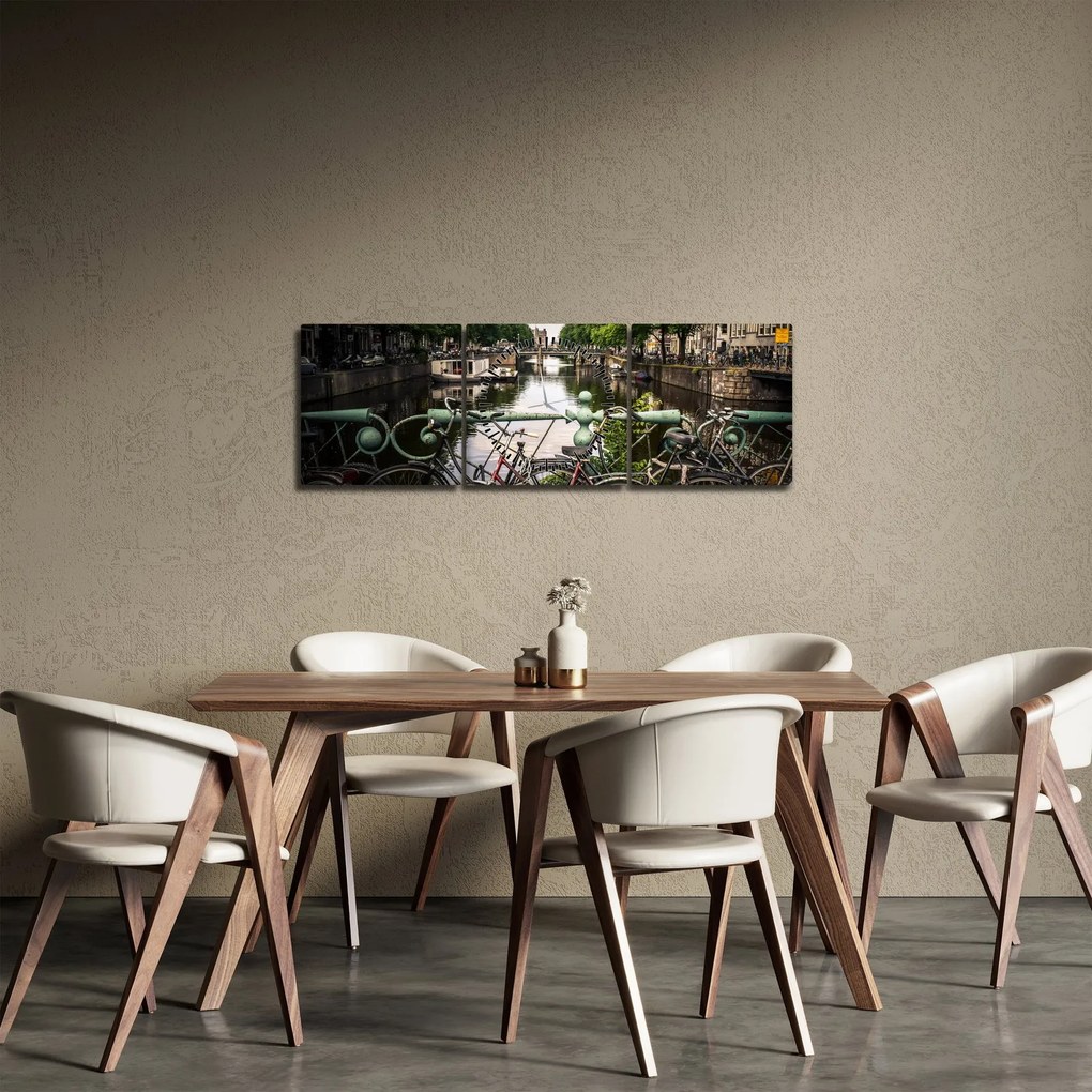 Obraz bicykla v meste (s hodinami) (90x30 cm)
