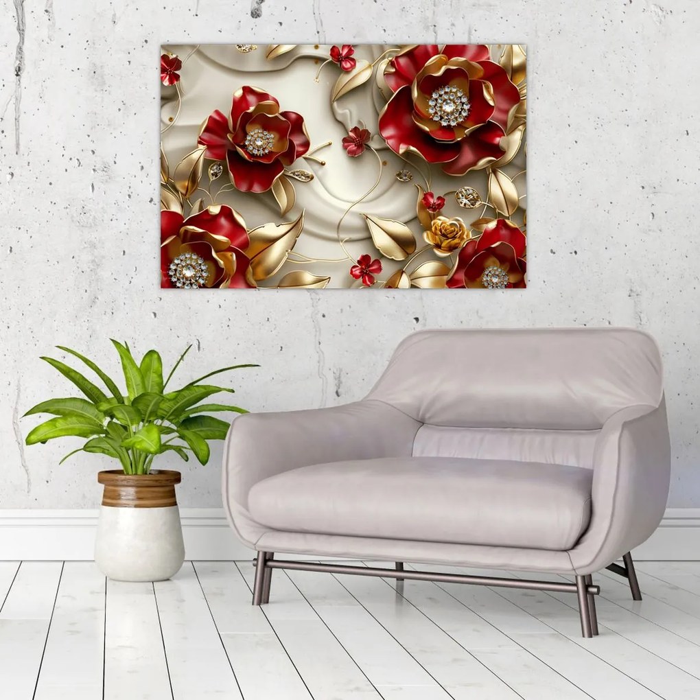 Obraz - 3D Červeno-zlaté kvety (90x60 cm)