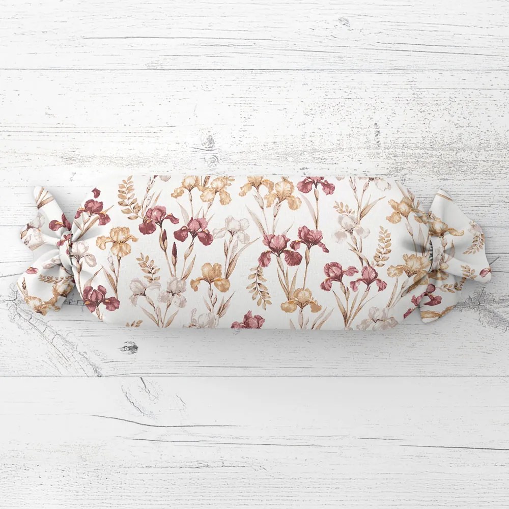 Biante Vankúš valec bonbon Sandra SA-636 Vínovo-béžové kosatce na bielom 15x80 cm