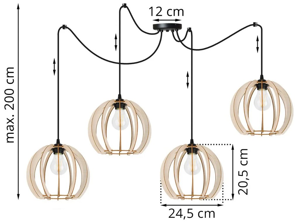 Závesné svietidlo Timber spider 9, 4x drevené tienidlo