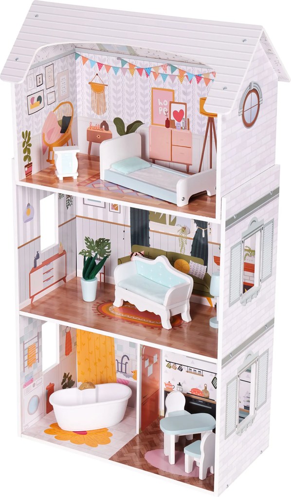 ECOTOYS Domček pre bábiky Alice z MDF, 3 poschodia, 4 izby, 9 dielov nábytku, pre deti 3+