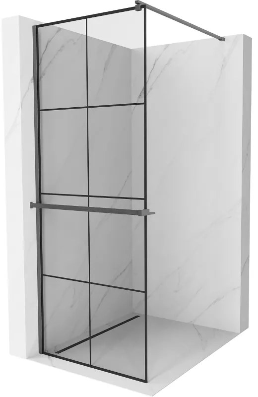 Mexen Kioto+, sprchová zástena Walk-In s poličkou a vešiakom 90 x 200 cm, 8mm číre sklo čierny vzor, grafitový profil, 800-090-121-66-77