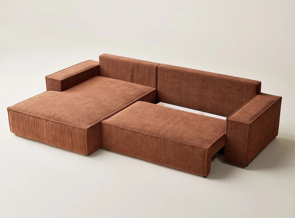 Ženilková rozkladacia/s úložným priestorom rohová pohovka v medenej farbe (ľavý roh/s leňoškou) Maze – Maison de Rêve