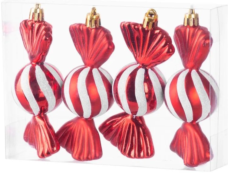 Ozdoba MagicHome Vianoce, sada, 4 ks, 11,5 cm, cukríky, červené, na vianočný stromček