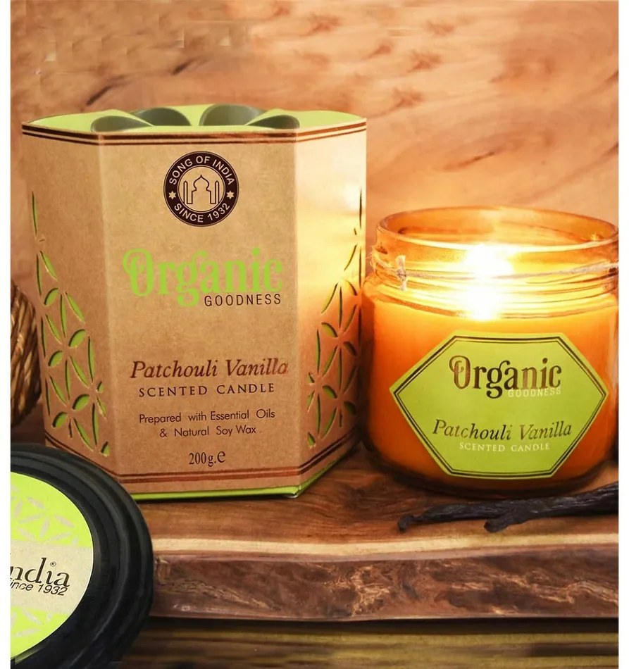 Organická sviečka Patchouli Vanilla 200 g v jantárovom skle
