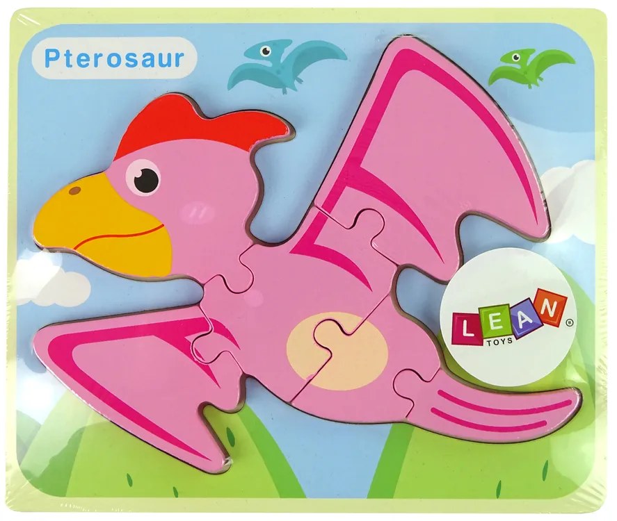 LEAN TOYS Drevené puzzle PTERODAKTYL / PLIOSAURS ružová, modrá