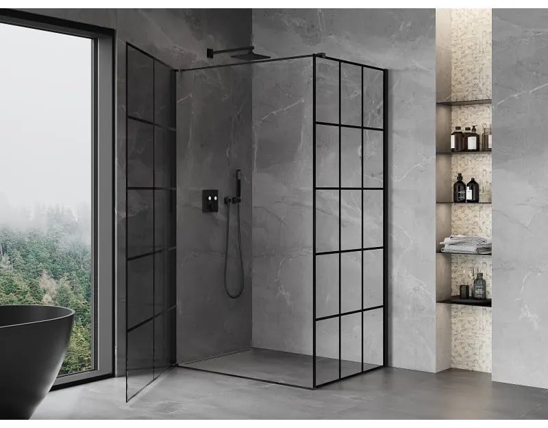 Mexen Mist-B, 1-krídlový výklopný sprchový kút, ľavý, 90 x 100 cm, číre sklo-čierna mriežka, 8A2T-090-100-70-77-L