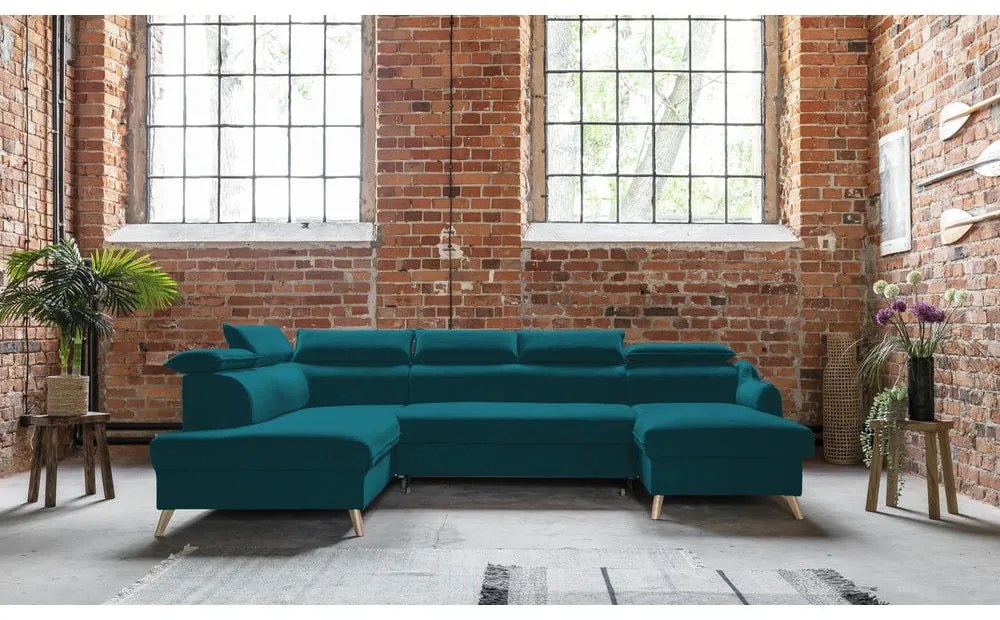 Tyrkysová zamatová rozkladacia rohová pohovka do "U" (ľavý roh) Sweet Harmony – Miuform