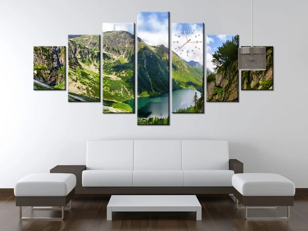 Gario Obraz s hodinami Morské oko v Tatrách - 7 dielny Rozmery: 210 x 100 cm