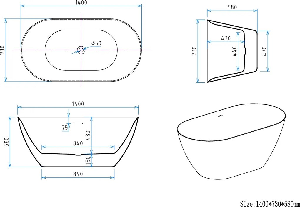 Erga Kaia, voľne stojaca vaňa 140x73 cm + odtoková zátka, biela lesklá, ERG-Kaia-140073-WH-WH