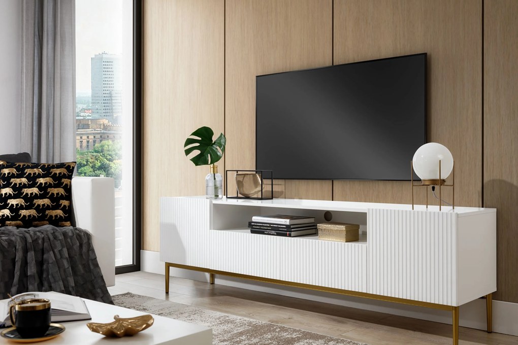 TV stolík Nicole 200 cm s otvorenou policou - biely mat / zlatá