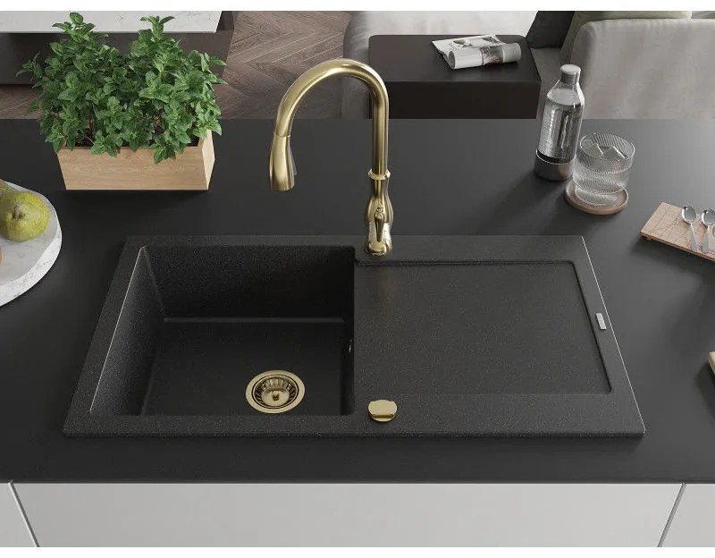 Mexen Leo, 1-komorový granitový drez 900x500x190 mm a drezová batéria Savita, čierna-strieborná metalíza, 6501-73-672601-50