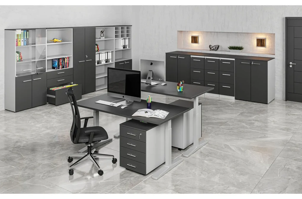 Kombinovaná kancelárska skriňa PRIMO GRAY, dvere na 4 poschodia, 800 x 420 x 2128 mm, sivá/grafit
