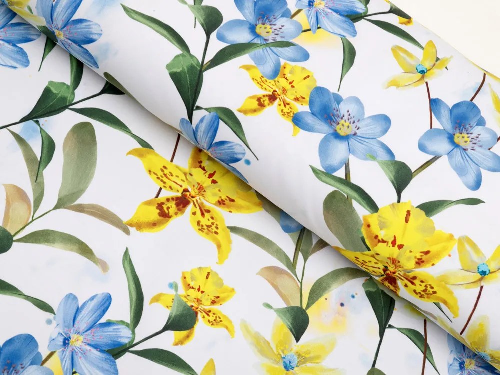 Biante Teflónový behúň na stôl TF-081 Žlto-modré ľalie na bielom 35x180 cm