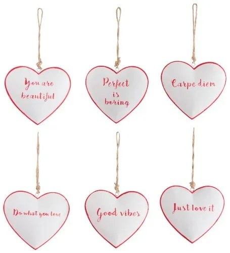 Sada 6ks bielych srdiečok s nápismi - 10,5 * 10 * 2 cm