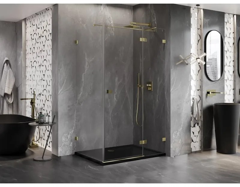 Mexen Lunar T, výklopný sprchový kút pravý 135 x 120 cm, 8mm číre sklo, zlatý profil, 834T-135-120-50-00-P